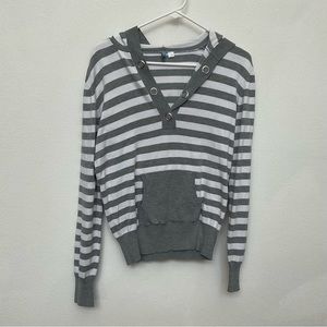 Pow Wow Grey Striped Y2K 2000s Hoodie Size XL Silver Snaps Light Spring Fall
